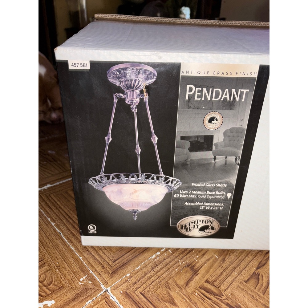 Hampton Bay Antique Brass 2-Light Pendant Frosted Glass Shade 15x25 457 581 NEW